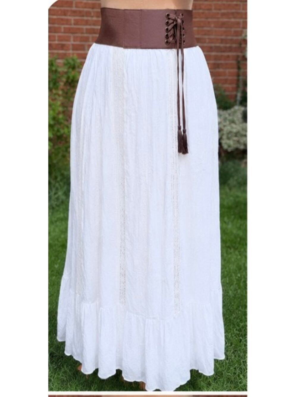 white maxi skirt brown belt elastic waist flowing bottom summer carefree coastal